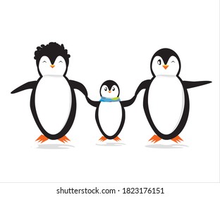 happy penguin family characters. mother father and son penguin in the cold snow. vector illustration