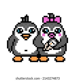 Happy Penguin Family Of Mother, Father And Baby. Cute Pixel Art Animal Characters Isolated On White Background. Old School Retro Vintage 80s, 90s 8 Bit Slot Machine, Computer, Video Game Graphics. 