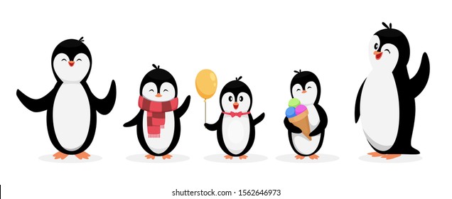 Happy penguin family. Penguins isolated on white background. Vector cute cartoon character animals set