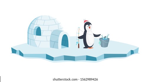 Happy penguin fishing. Christmas penguin on ice and bucket of fish vector illustration. Cartoon animal isolated on white background