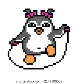 Happy Penguin Girl With A Jumping Rope, Cute Pixel Art Animal Character Isolated On White Background. Old School Retro 80s, 90s 8 Bit Slot Machine, Video Game Graphics. Cartoon Antarctica Bird Mascot.