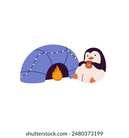 Happy penguin has a rest fireside. Cute snow bird warming with hot drink. Adorable north animal relaxes at fireplace with a cup of tea, coffee. Flat isolated vector illustration on white background