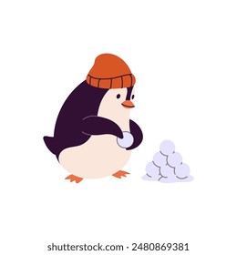 Happy penguin in hat makes snowballs. North bird baby sculpting to play snow fight in winter holidays. Cute polar animal has fun at Christmas vacations. Flat isolated vector illustration on white