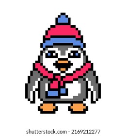Happy penguin in a hat and scarf on a walk, pixel art animal character isolated on white background. Old school retro 80s, 90s 8 bit slot machine, computer, video game graphics. Cartoon winter mascot.