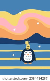 Happy penguin in hat under the sky with the Aurora Borealis lights. Vector print for poster, card, banner. Vertical illustration for decor and design.



