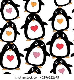 Happy Penguin With Heart At Christmas Day. Animal Flat Clipart. Modern Poster For Prints, Kids Cards, T-shirts.