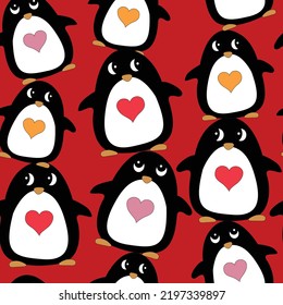 Happy Penguin With Heart At Christmas Day. Animal Flat Clipart. Modern Poster For Prints, Kids Cards, T-shirts.