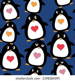 Happy Penguin With Heart At Christmas Day. Animal Flat Clipart. Modern Poster For Prints, Kids Cards, T-shirts.