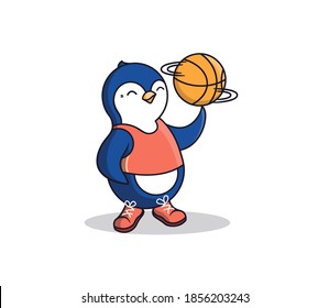 El feliz Pingüino sostiene un baloncesto con el dedo. Cartoonish Sport-animal es un niño que lleva puesto un tanque y zapatos de tenis. Bueno para camisetas, diseños, etc. Ilustración vectorial