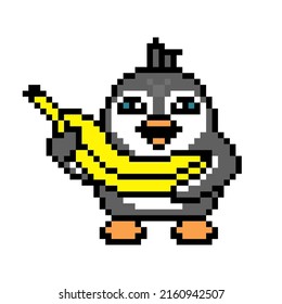 Happy penguin holding a big banana, pixel art animal character isolated on white background. Old school retro 80's-90's 8 bit slot machine, computer, video game graphics. Exotic fruit brand mascot.