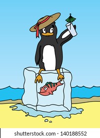 Happy penguin holding a drink and sitting on block of ice. 