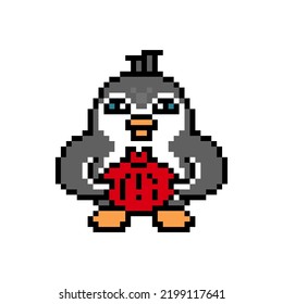 Happy penguin holding a pomegranate, pixel art animal character isolated on white background. Old school retro 80's-90's 8 bit slot machine, 2d video game graphics. Bird with a fruit, cartoon mascot.