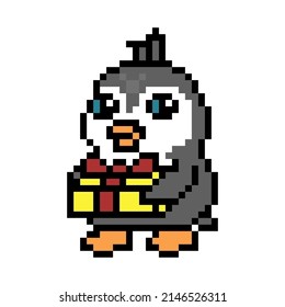 Happy penguin with a holiday gift, pixel art bird character isolated on white background. Old school retro 80s, 90s 8 bit slot machine, computer, video game graphics. Cartoon birthday animal mascot. 