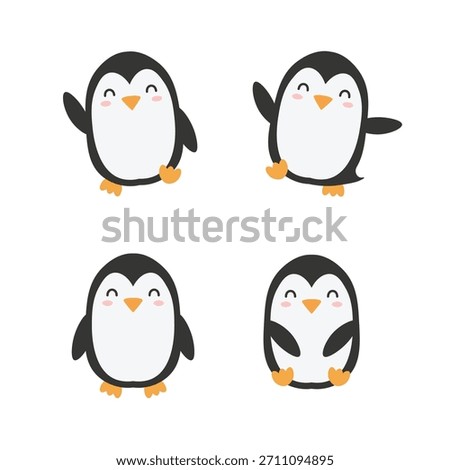 Happy Penguin Icon Set. Cute Cartoon Character in Different Poses. Kawaii Animal Vector Collection for Design and Print.
