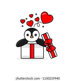 Happy penguin inside the open gift box with fly hearts. Vector illustration