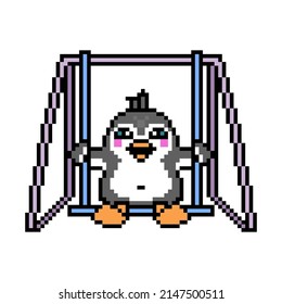 Happy penguin kid on a swing, cute pixel art animal character isolated on white background. Old school retro 80s, 90s 8 bit slot machine, computer, video game graphics. Cartoon antarctica bird mascot.