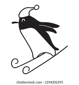 Happy penguin on ski.  Hand drawn outline vector illustration.
