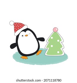 Happy penguin playing at Christmas day. Animal flat clipart. Modern poster for prints, kids cards, t-shirts.