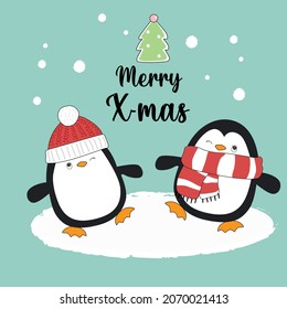 Happy penguin playing snow at Christmas day. Animal flat clipart. Modern poster for prints, kids cards, t-shirts.