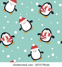 Happy penguin playing snows at Christmas day. Animal flat clipart. Modern poster for prints, kids cards, t-shirts.