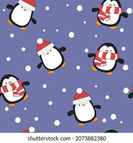 Happy penguin playing snows at Christmas day. Animal flat clipart. Modern poster for prints, kids cards, t-shirts.