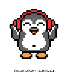 Happy penguin in red headphones listening to music, podcast, radio, audiobook, cartoon pixel art animal character isolated on white. Old school retro 80's, 90's 8 bit slot machine, video game graphics