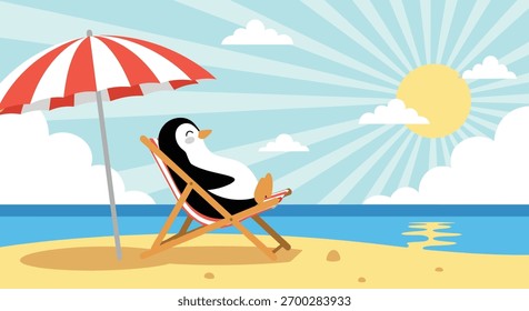 Um feliz pinguim relaxando em uma cadeira de praia sob um guarda-chuva de sol desfrutando de um dia ensolarado.