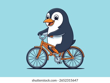 Happy Penguin Riding an Orange Bicycle, Cute Cartoon Bird Enjoying a Cheerful Bike Ride. Vector Illustration