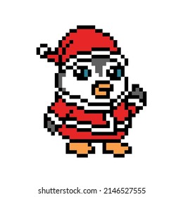 Happy penguin in Santa Claus costume waving his flipper, cute pixel art bird character isolated on white background. Christmas mascot. Old school retro 80s, 90s 8 bit slot machine, video game grap