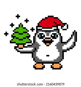 Happy penguin in Santa Claus hat waving his flipper and holding small fir-tree, pixel art bird character isolated on white background. Christmas mascot. Retro 80's-90's 8 bit video game graphics.