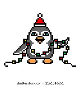 Happy penguin in Santa's hat wrapped in Christmas lights, pixel art bird character isolated on white background. Holiday mascot. Old school retro 80's-90's 8 bit slot machine, video game graphics.