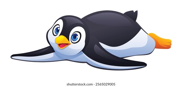 Happy penguin sliding on its belly with cheerful expression, ideal for winter or fun themes. Vector cartoon illustration