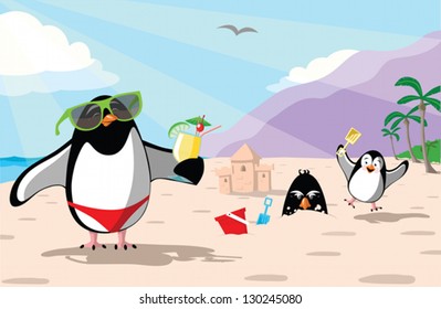 Happy Penguin Summer Vacation. A family of penguins enjoy a warm, summer day on the beach.