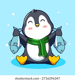 Happy Penguin mit zwei Fisch Vektorgrafik Cartoon Design