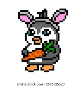 Happy Penguin Wearing Rabbit Costume (bunny Ears Headband, Carrot), Cartoon Pixel Art Bird Character Isolated On White Background. Old School Retro 80s, 90s 8 Bit Slot Machine, Video Game Graphics. 