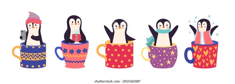 Happy penguins in cup. Christmas penguin, new year stickers. Cartoon winter animal greetings vector set