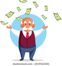 
Happy Pensioner Throwing Money up in the Air Vector Cartoon Illustration. Elderly grandad having many savings for the golden years 

