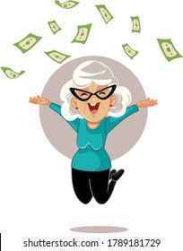 Happy Pensioner Woman Throwing Money up in the Air. Rich grandmother throws cash prize in the air
