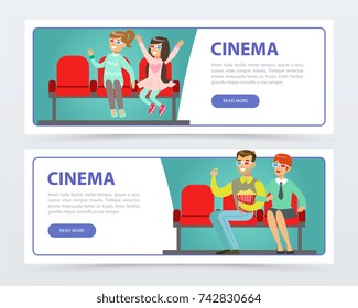 Happy people in 3d glasses with popcorn watching a movie, cinema banners set flat vector elements for website or mobile app