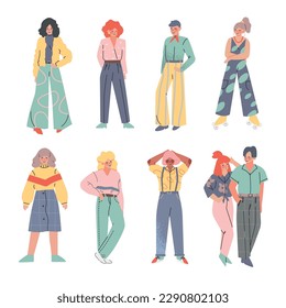 Happy people in 80s fashion style clothes set. Young men and women in retro style fashion outfit cartoon vector illustration