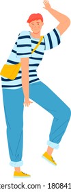 Happy people, active entertainment, dancing boy with red hair, modern youth, cartoon style vector illustration, isolated on white. White. male dancer at party, man at disco in fashionable clothes.