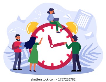 Happy people adjusting alarm clock. Effective business team with gadgets working at chronometer, Vector illustration for time management, countdown, schedule, planning concept