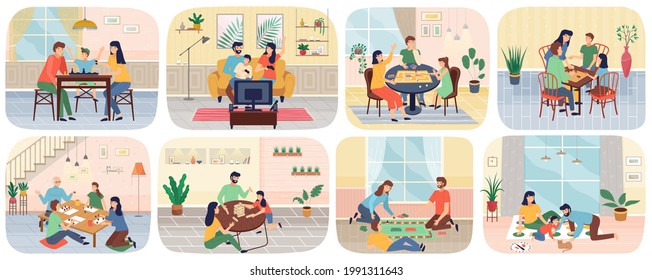 Happy people adults and children sitting at table and playing board or tabletop games together scenes set. Home leisure activity for friends or family members parents and kids. Parenting and daycare