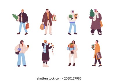 Happy people after Christmas shopping set. Men and women with gift boxes, Xmas trees and bags outdoors. Merry characters on winter holidays. Flat vector illustrations isolated on white background