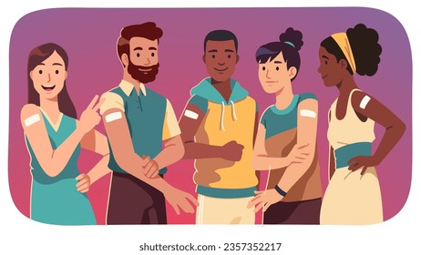 Happy people after vaccination. Vaccinated multiethnic immune men, women group showing arm shoulders with bandage after vaccine injection. Health care in pandemic flat vector illustration