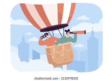 Happy people in air balloon flat vector illustration. Man and woman or employees looking through binoculars and searching for creative vacancies, finding work. Job hunting, research concept