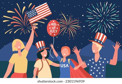 Happy people with American flag and top hats vector illustration. Drawing of Americans celebrating 4th of July, fireworks in night sky. Patriotism, Independence day, celebration, freedom concept