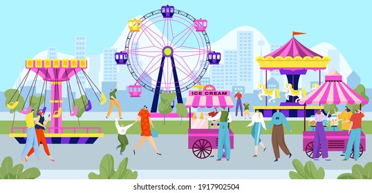 Happy people in amusement park, colorful entertainment festival, carnival holiday, design cartoon style vector illustration. Joyful children at fair walk with their parents, outdoor attractions.