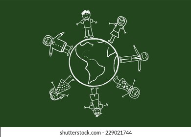 Happy People Around The World Drawing On Green Chalkboard