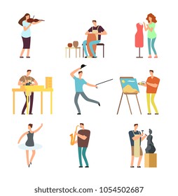 Happy people of art and music. Cartoon artists and musicians vector isolated characters in creative artistic hobbies. Art character musician and fashion designer, carpentry and composer illustration